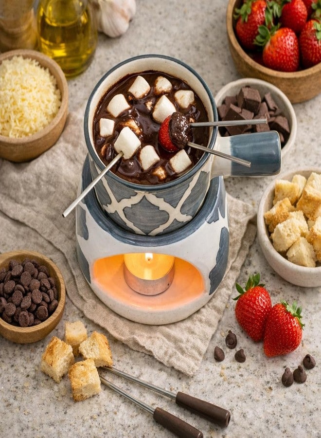 Kunhar طقم فوندو سيراميك من كونهار مع شمعتين صغيرتين، سعة 450 مل، (رمادي) - Image 5